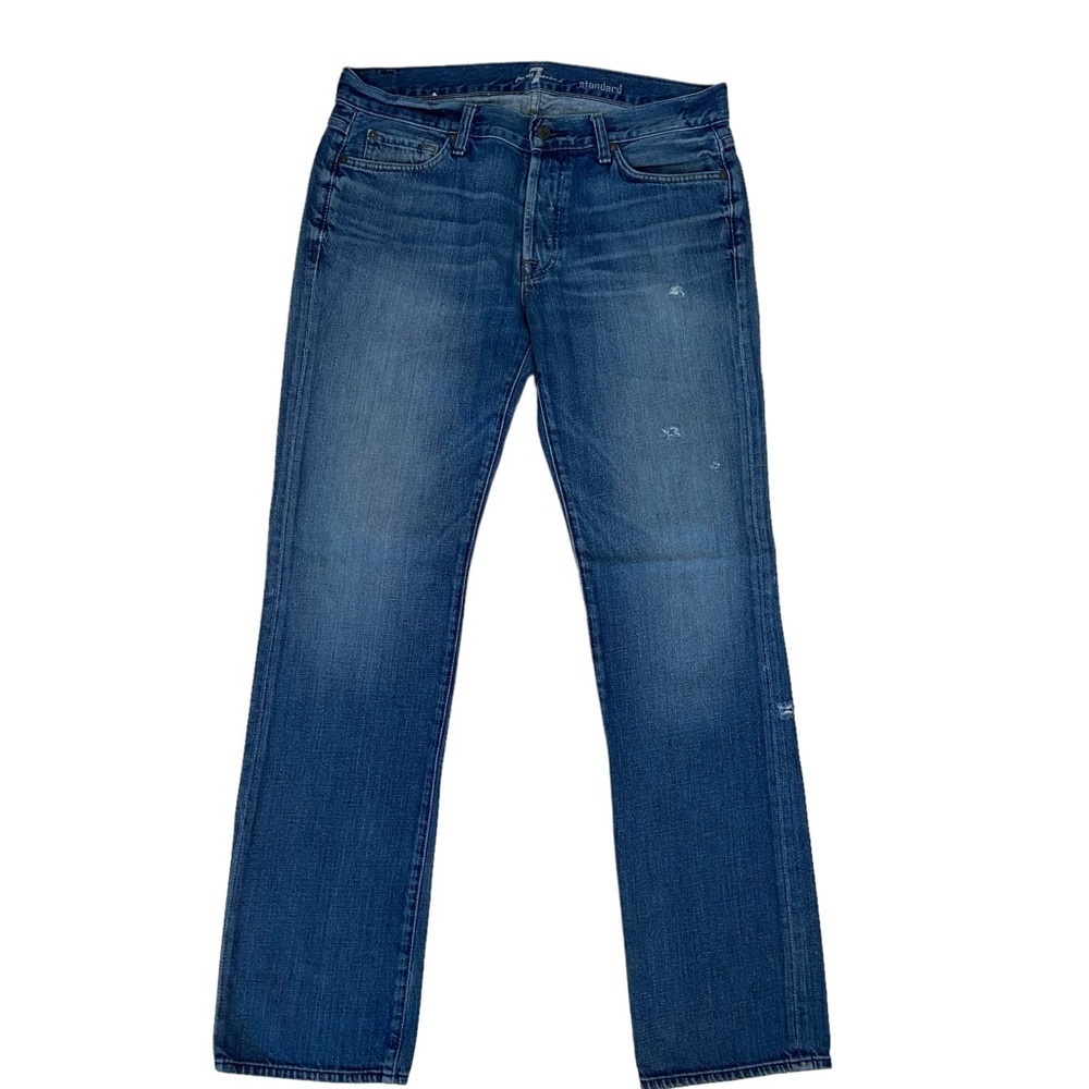 7 for all mankind men jeans straight leg blue ripped denim 100% cotton size 34